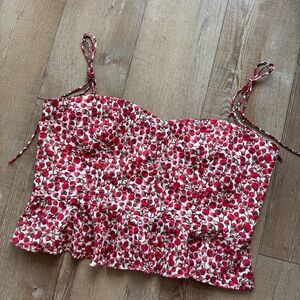 JCrew Cropped Bustier Peplum Top in Liberty Eliza's Red fabric